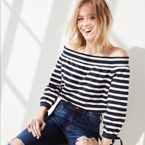 J. Crew Striped Off The Shoulder Nautical Boxy Top 3/4 tie Cuff Sleeve